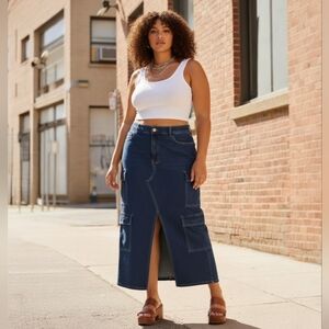 NWT American Bazi Denim Cargo Maxi Skirt Plus Size 2X Utility High Slit Y2K Blue